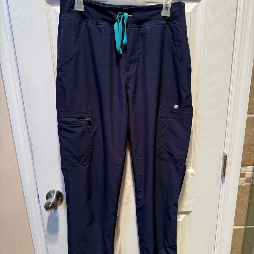 Figs Women’s Cargo Pants in Dark Blue with Turquoise Drawstring